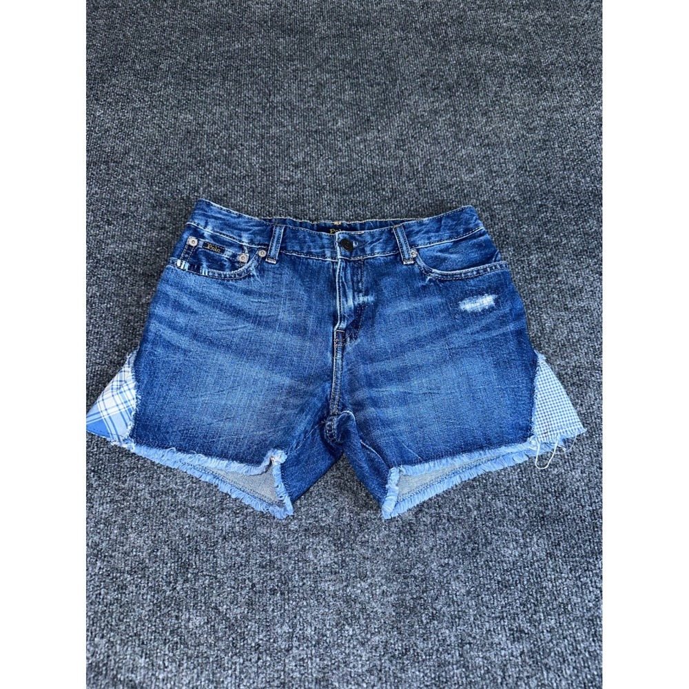 Polo Ralph Lauren Womens Denim Shorts Blue Plaid Gingham Inset Cut Off